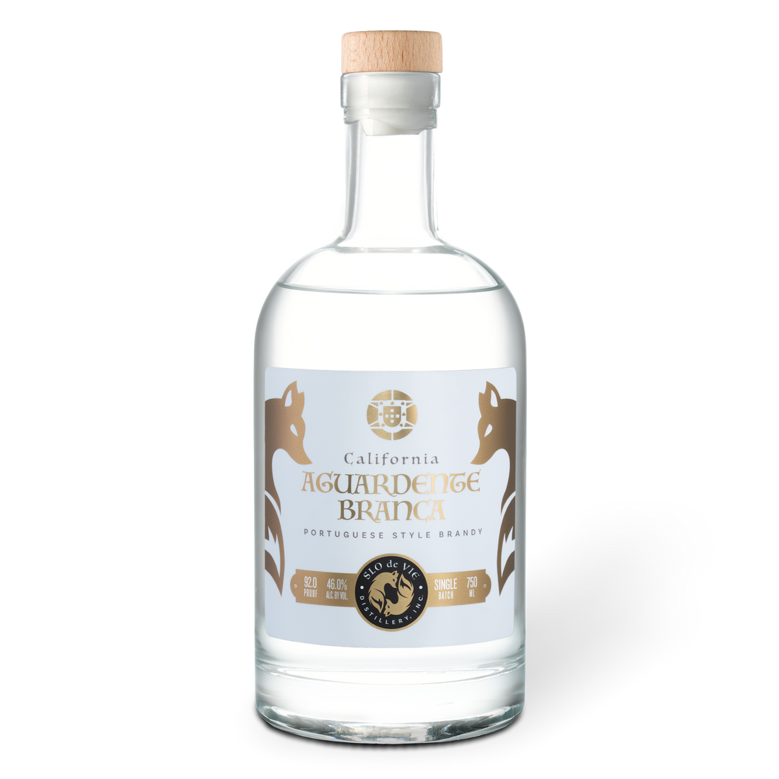 Bottle of Aguardente Branca with a white label featuring SLO de Vie branding on a white background
