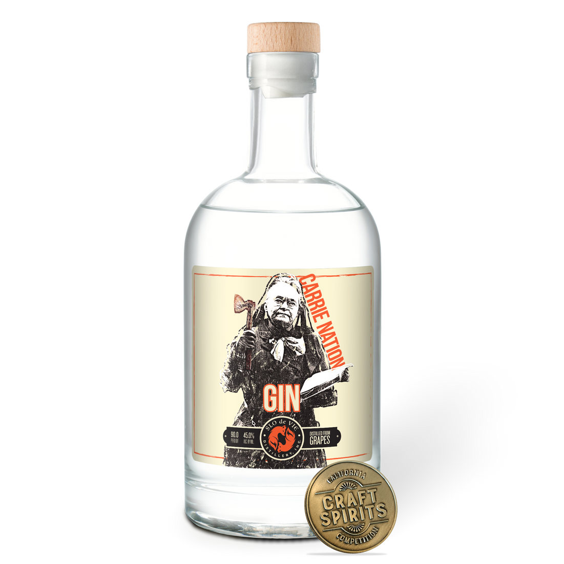 Bottle of Carrie Nation Gin with a label featuring an illustration of Carrie Nation and a gold CA Craft Spirits Medal on a blank background
