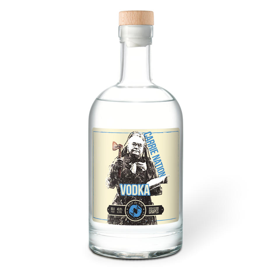 Carrie Nation Vodka bottle with a label featuring Carrie Nation on a blank background