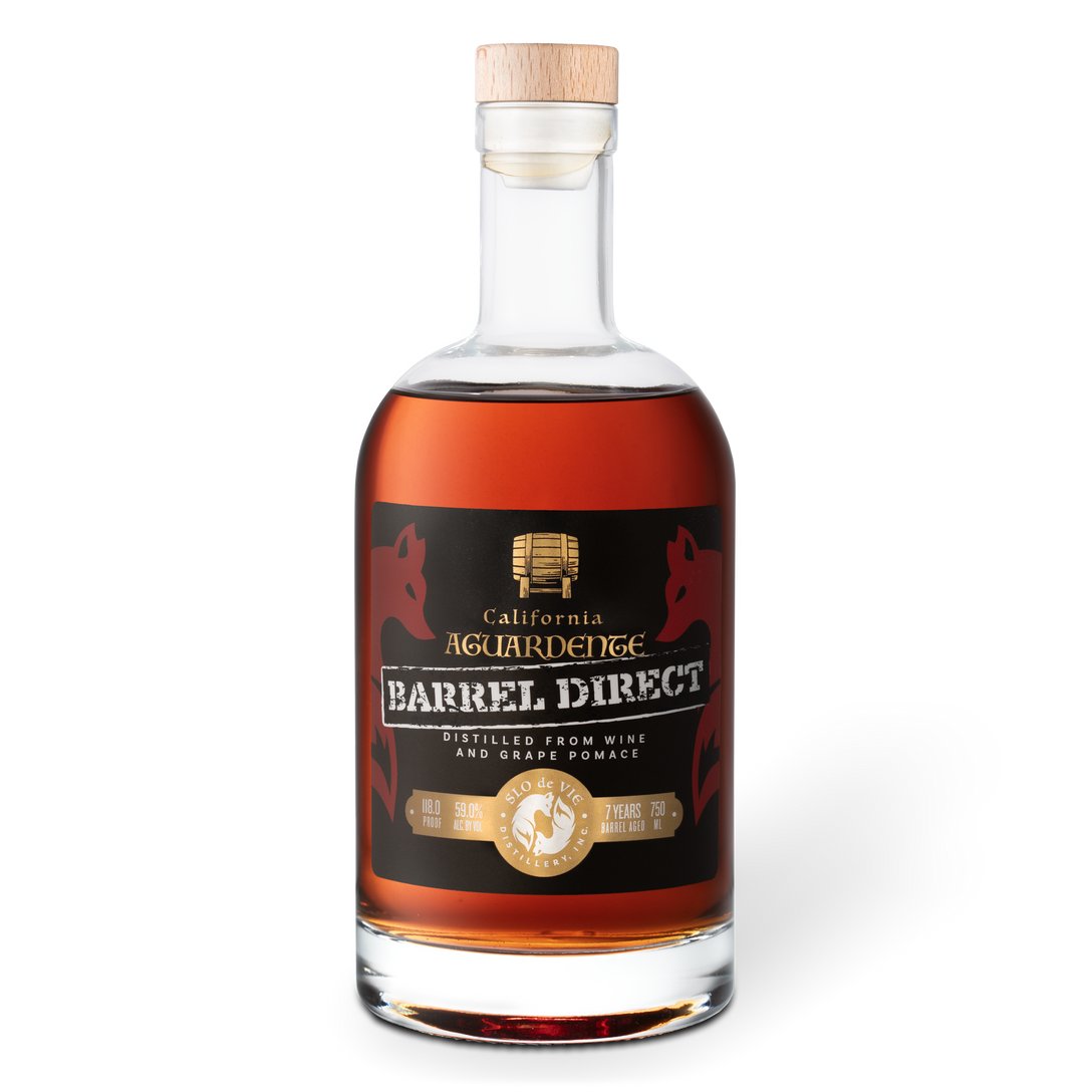 Bottle of SLO do VIE California Aquardente Barrel Direct on a blank background.