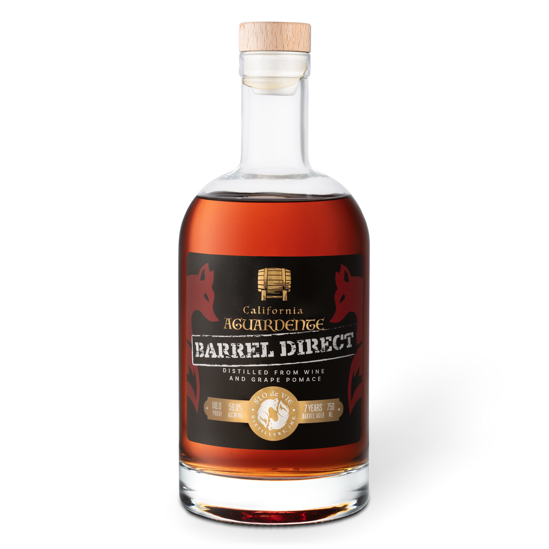 Bottle of SLO do VIE California Aquardente Barrel Direct on a blank background.