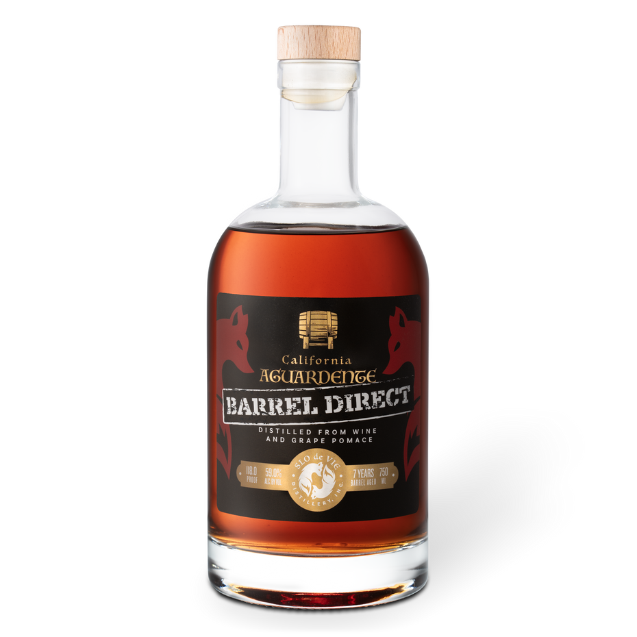 Bottle of SLO do VIE California Aquardente Barrel Direct on a blank background.