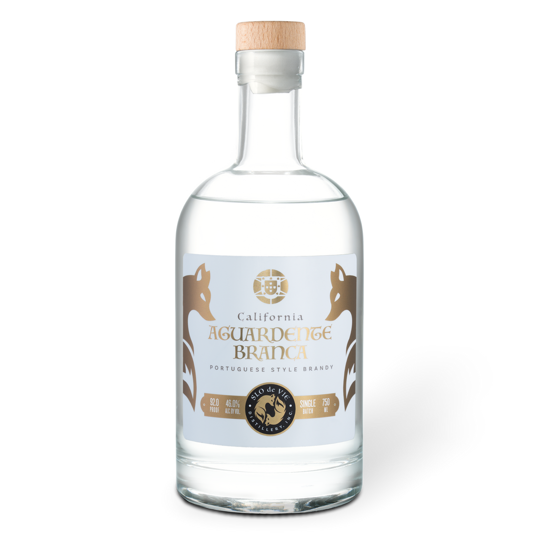 Bottle of Aguardente Branca with a white label featuring SLO de Vie branding on a white background