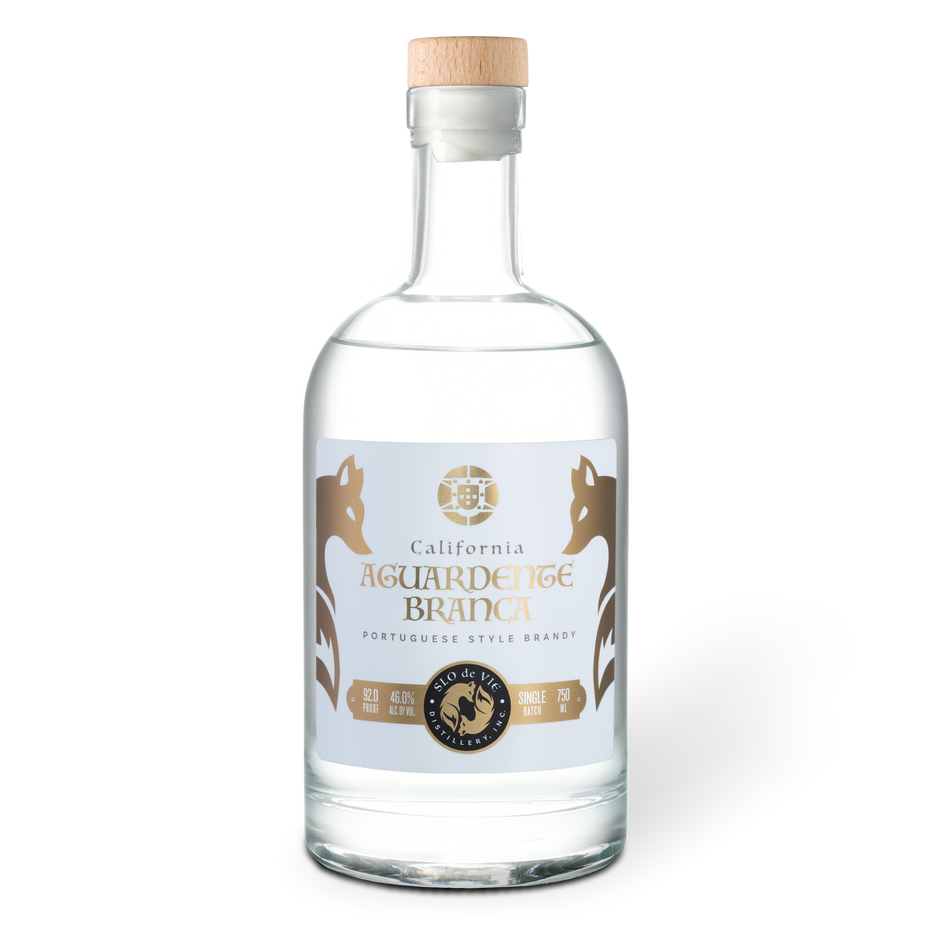 Bottle of Aguardente Branca with a white label featuring SLO de Vie branding on a white background