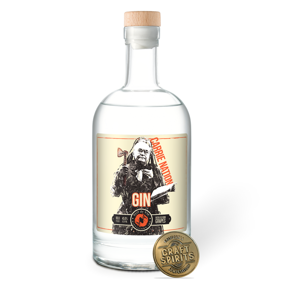 Bottle of Carrie Nation Gin with a label featuring an illustration of Carrie Nation and a gold CA Craft Spirits Medal on a blank background